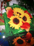 bruidboeket handgebonden Zonnebloem en Calla oranje